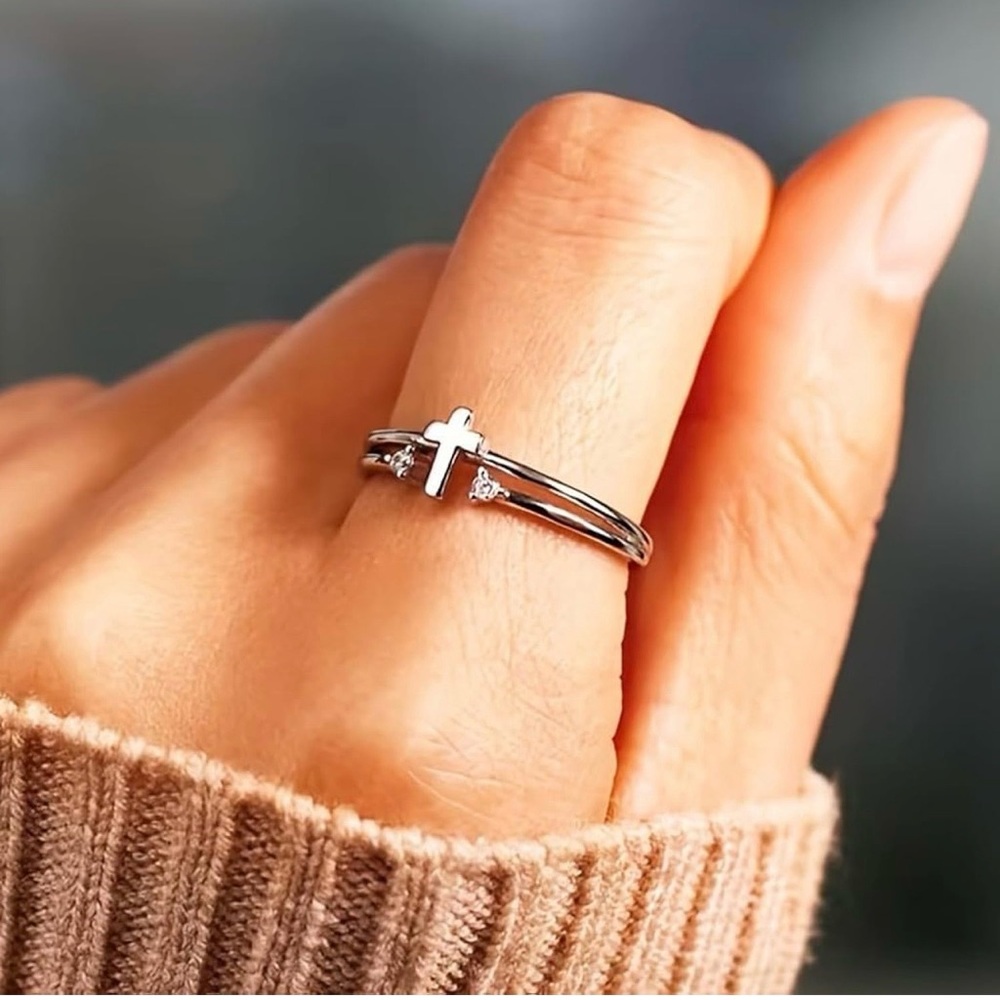White Gold Plated Cross Ring with CZ | Minimalist Faith Ring - Picture 4 of 5